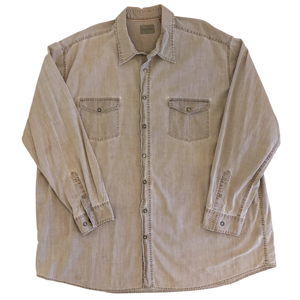 Vintage St Johns Bay Button Down Shirt Mens 3XLT Cotton Twill Utility Tan Brown